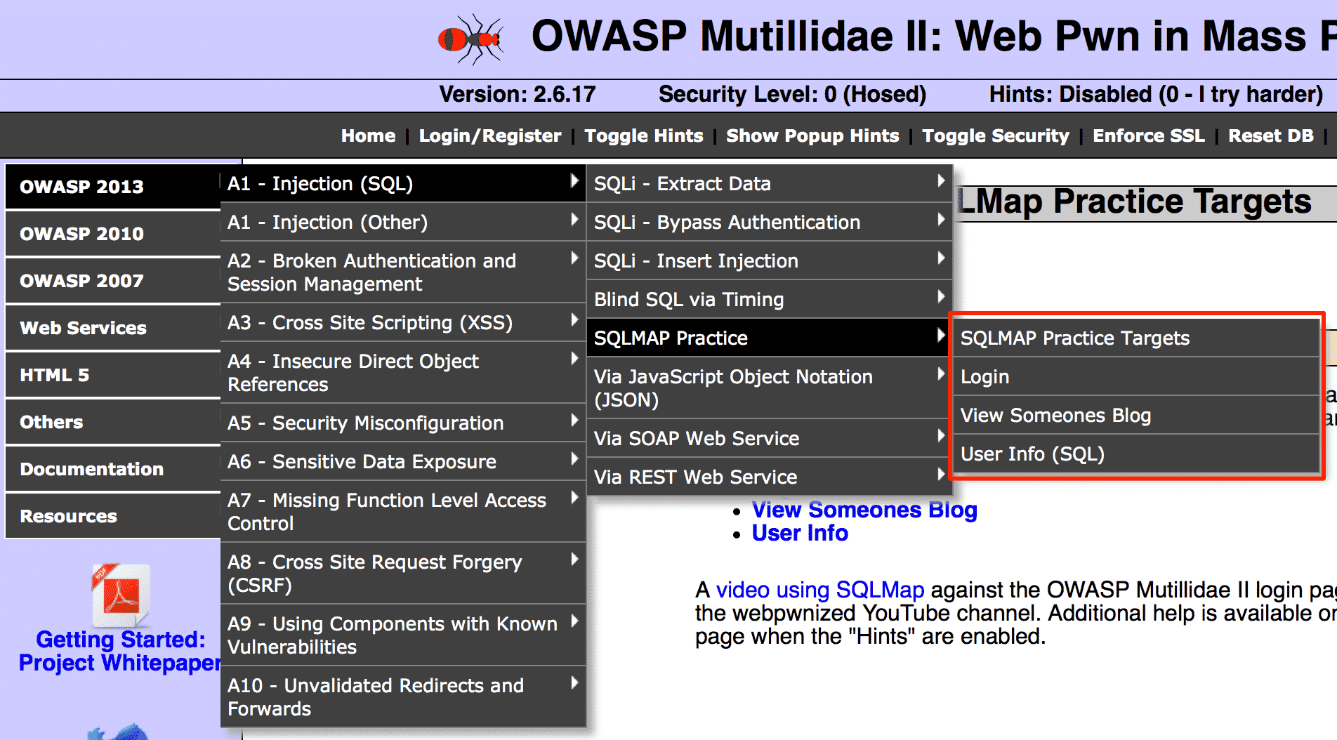 NOWASP (Mutillidae) - SQLMAP Practice